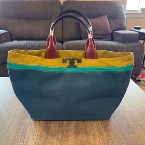 Tory Burch Canvas Tote Bag Purse with Leather Handles